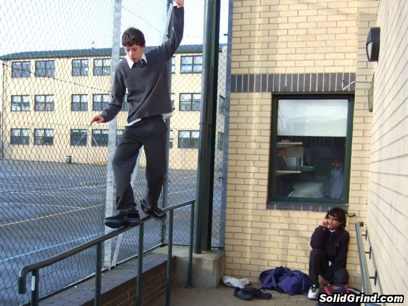 Stuart Pickston hitting a Cheese Grater on the School Gym Rail