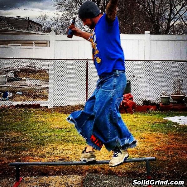 Jersey hitting a cheese grater on a practice rail while drinking