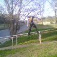 Jay Ericson doing a frontside down a 15ft rail at his school.