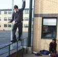 Stuart Pickston hitting a Cheese Grater on the School Gym Rail